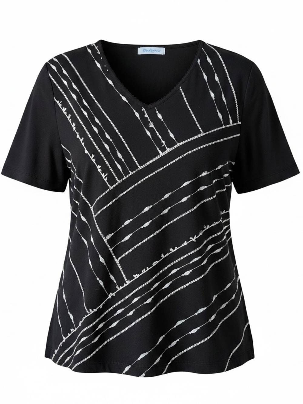 Alfred Dunner Black V-Neck Short Sleeve Tunic with White Linear Print